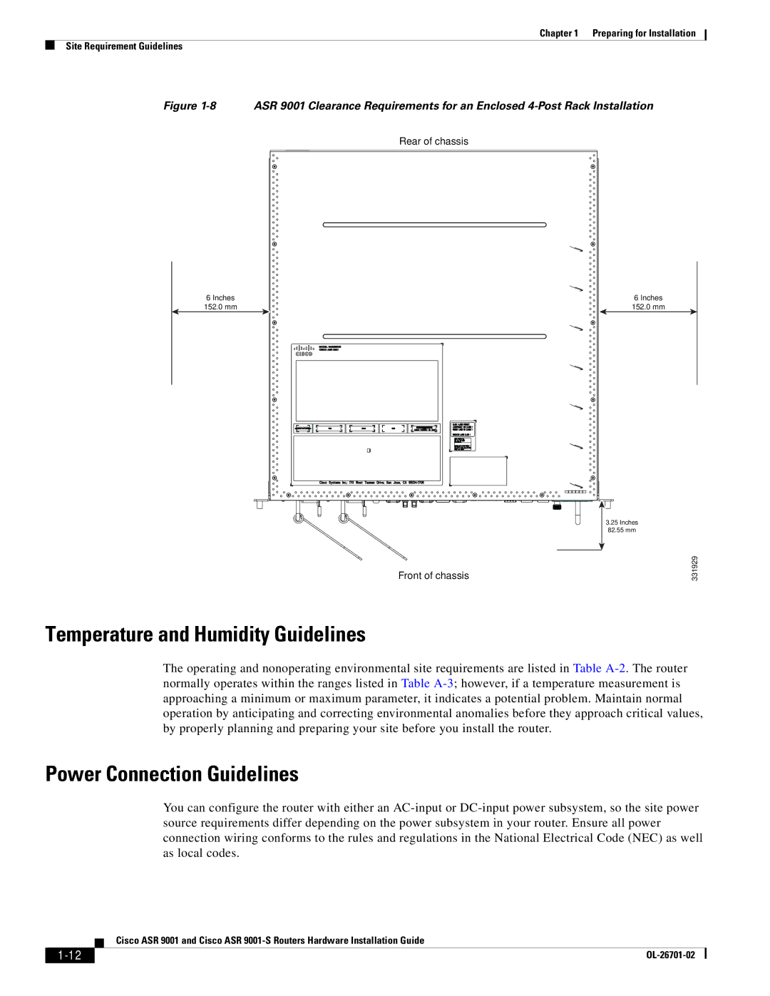 Cisco Systems 9001S, ASR9001s manual Temperature and Humidity Guidelines, Power Connection Guidelines 