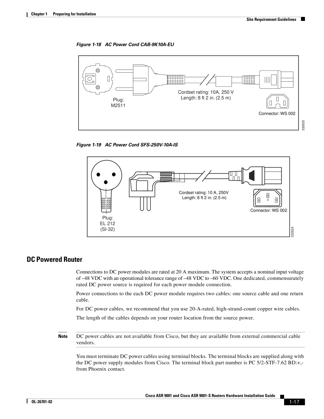 Cisco Systems ASR9001s, 9001S manual DC Powered Router, AC Power Cord CAB-9K10A-EU 