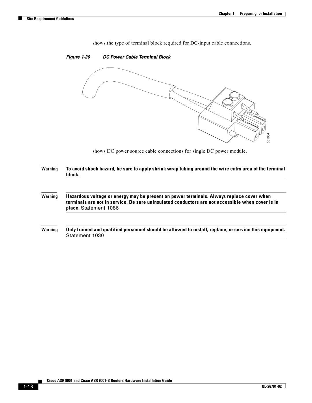 Cisco Systems ASR9001s, 9001S manual DC Power Cable Terminal Block 