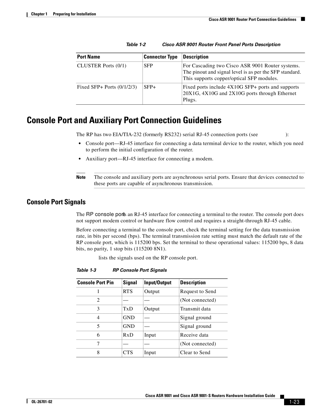 Cisco Systems ASR9001s, 9001S manual Console Port and Auxiliary Port Connection Guidelines, Console Port Signals 