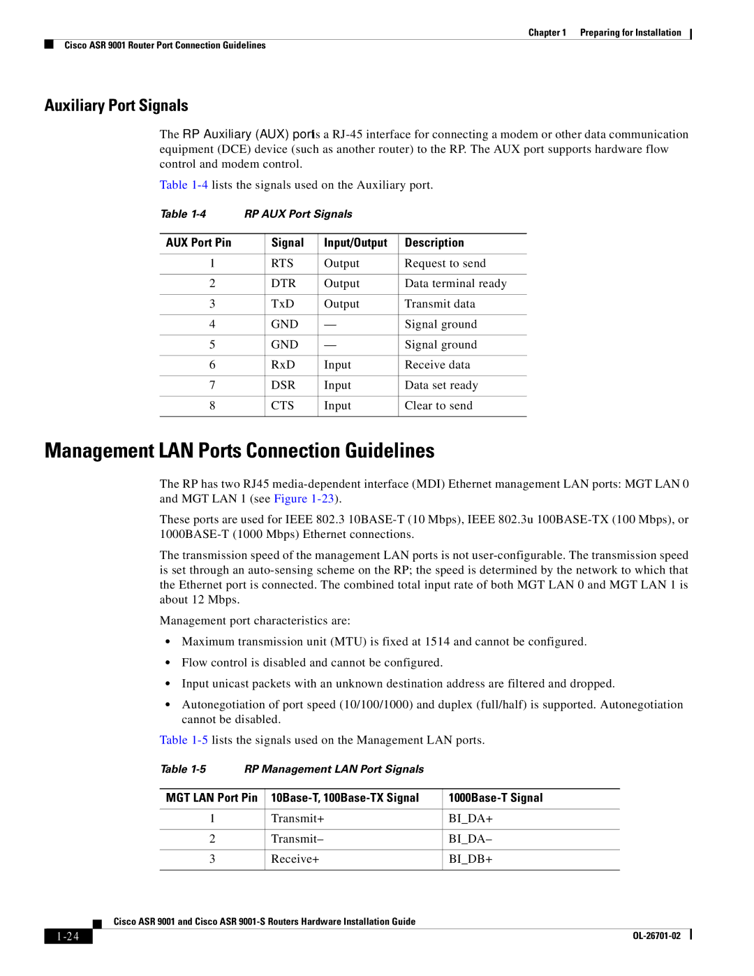 Cisco Systems 9001S, ASR9001s manual Management LAN Ports Connection Guidelines, Auxiliary Port Signals 