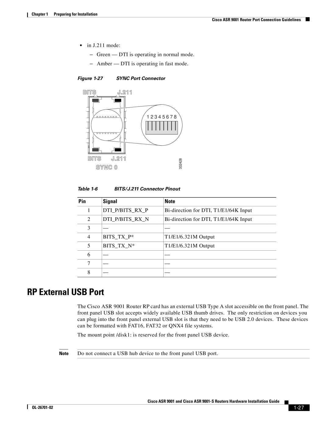 Cisco Systems ASR9001s, 9001S manual RP External USB Port, Pin Signal 