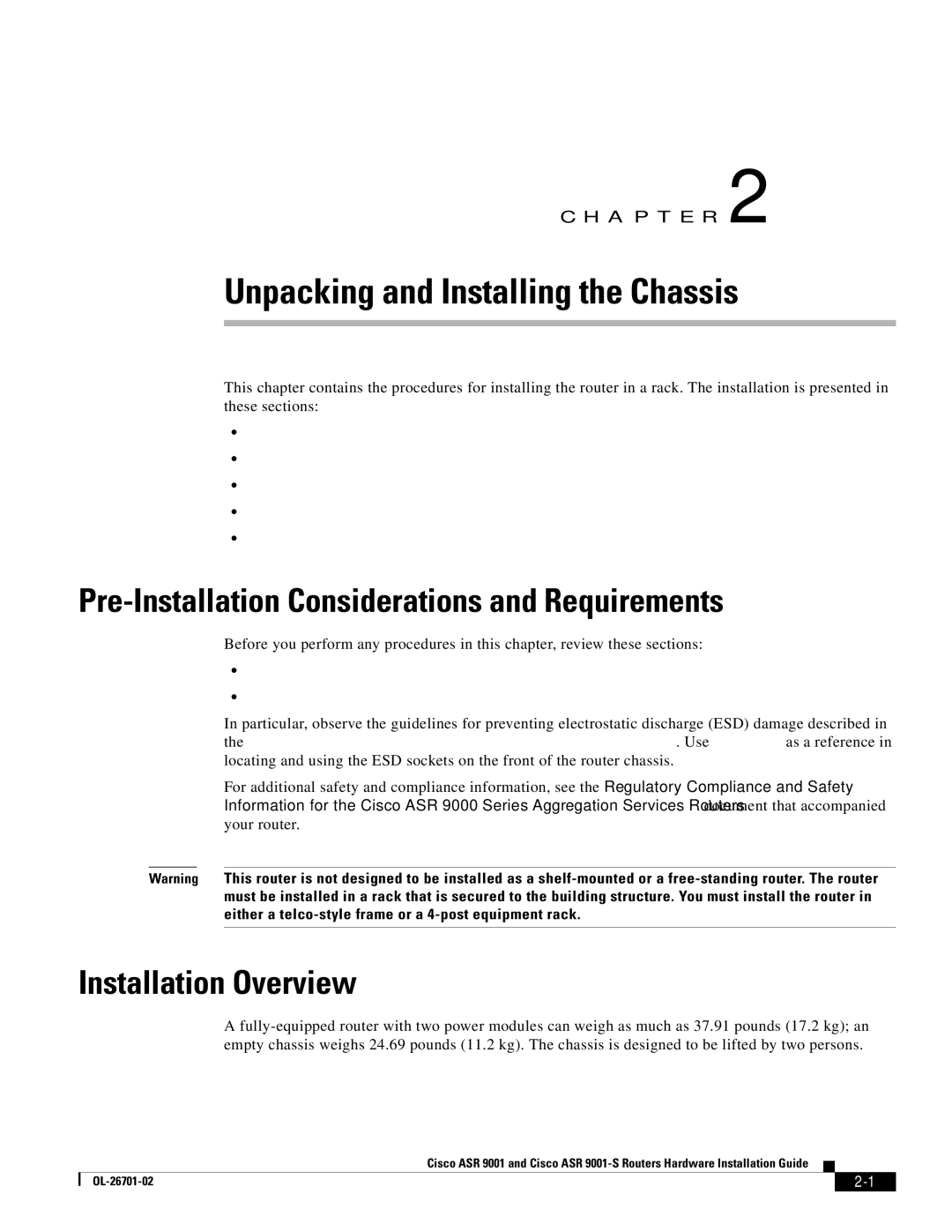 Cisco Systems ASR9001s, 9001S manual Pre-Installation Considerations and Requirements, Installation Overview 