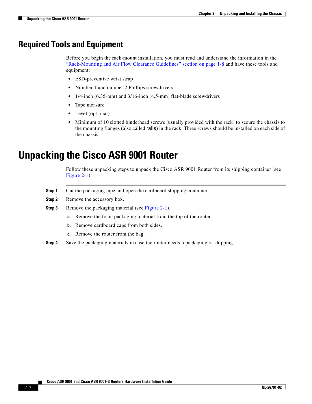 Cisco Systems ASR9001s, 9001S manual Unpacking the Cisco ASR 9001 Router, Required Tools and Equipment 