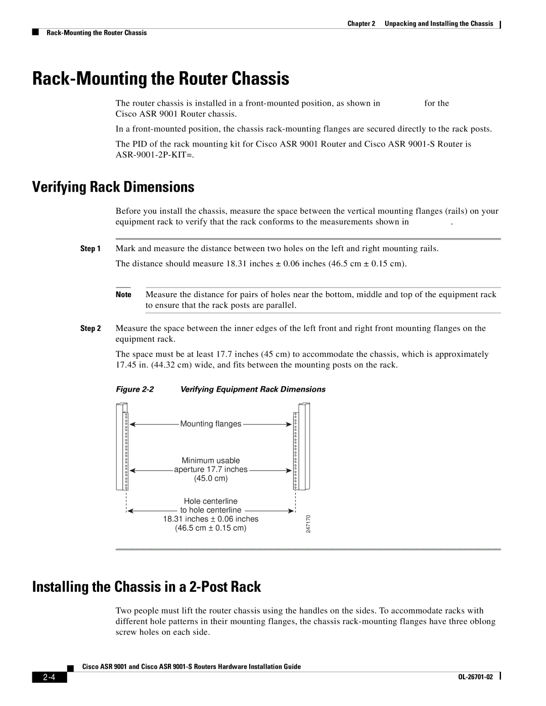 Cisco Systems 9001S Rack-Mounting the Router Chassis, Verifying Rack Dimensions, Installing the Chassis in a 2-Post Rack 