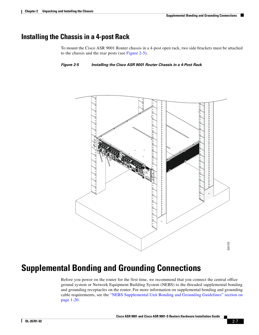 Cisco Systems ASR9001s, 9001S manual Supplemental Bonding and Grounding Connections, Installing the Chassis in a 4-post Rack 