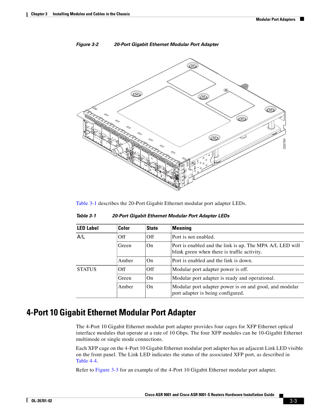 Cisco Systems ASR9001s, 9001S manual Port 10 Gigabit Ethernet Modular Port Adapter, LED Label Color State Meaning, Status 