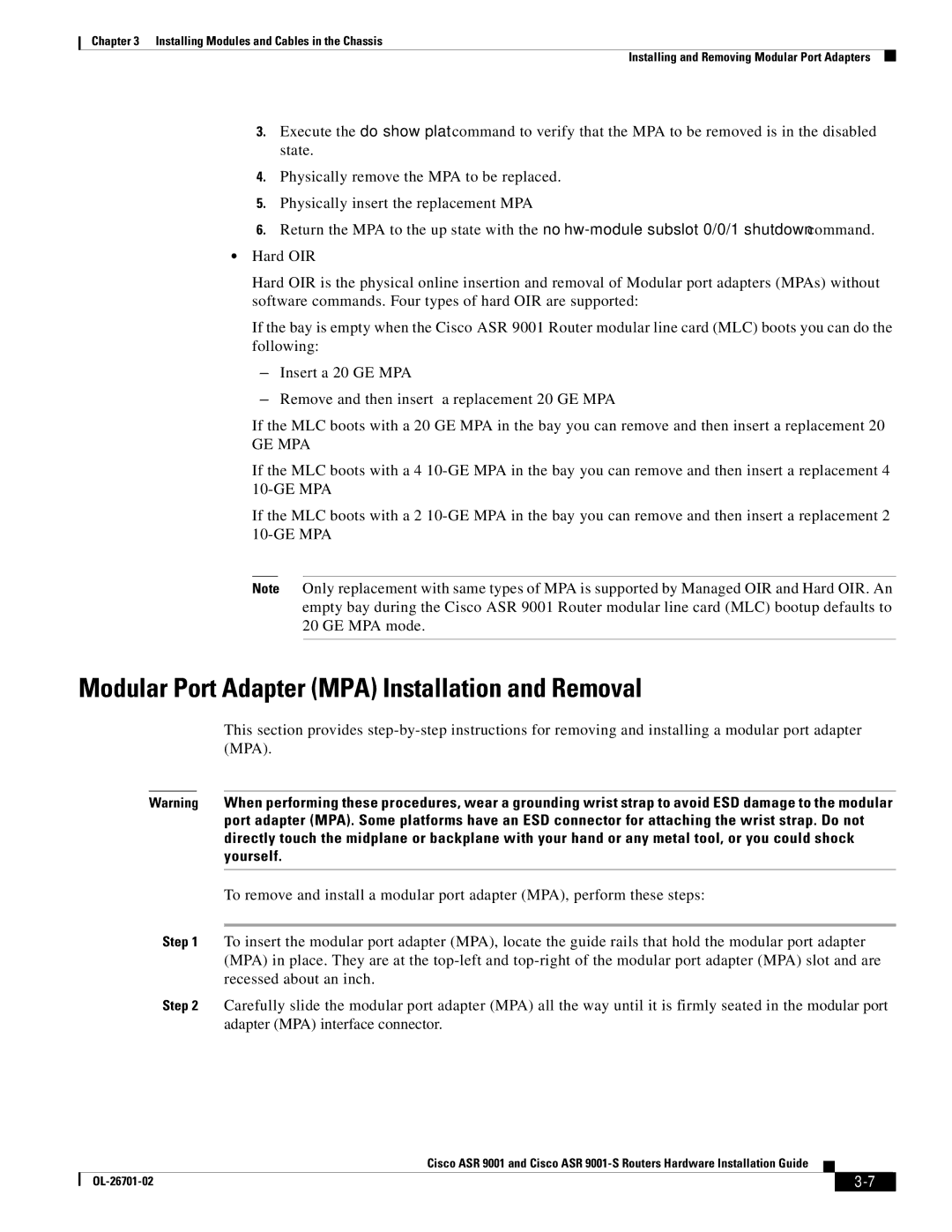 Cisco Systems ASR9001s, 9001S manual Modular Port Adapter MPA Installation and Removal, Ge Mpa 