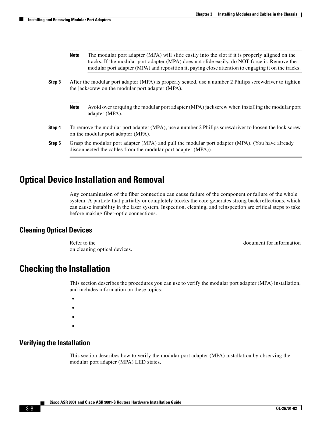 Cisco Systems 9001S, ASR9001 Optical Device Installation and Removal, Checking the Installation, Cleaning Optical Devices 
