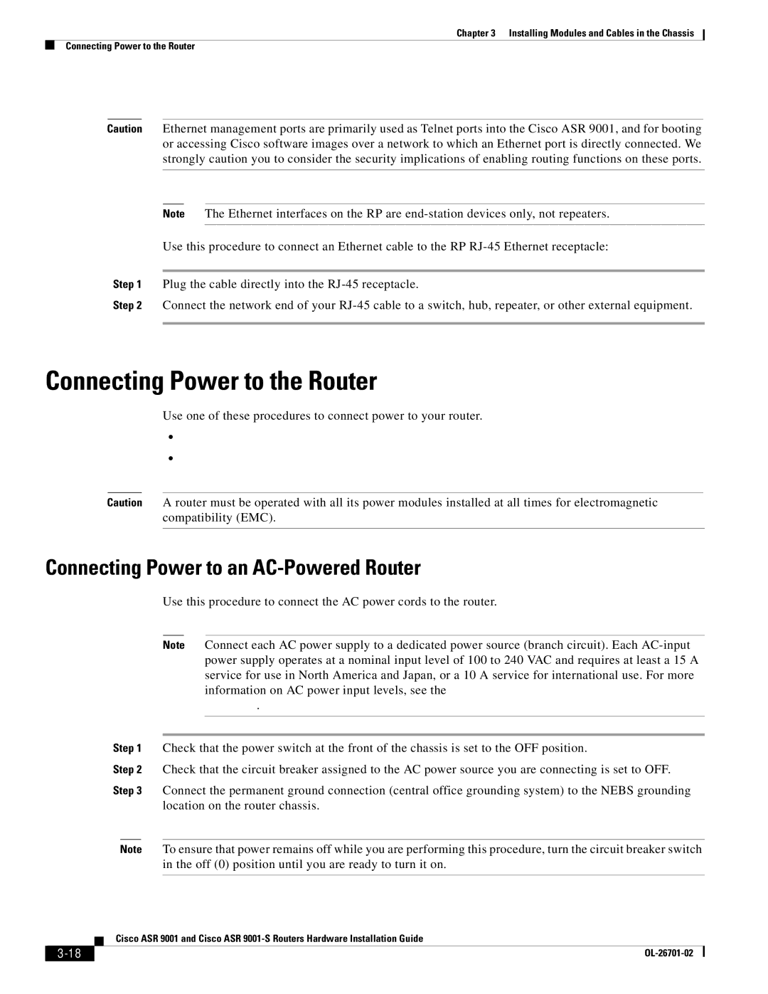 Cisco Systems ASR9001s, 9001S manual Connecting Power to the Router, Connecting Power to an AC-Powered Router 