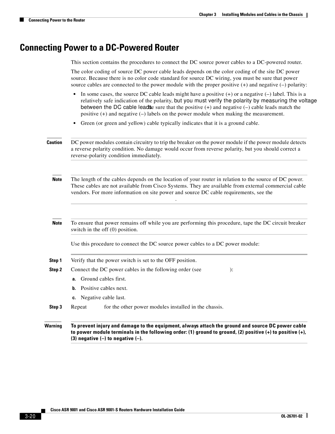 Cisco Systems 9001S, ASR9001s manual Connecting Power to a DC-Powered Router, Negative to negative 