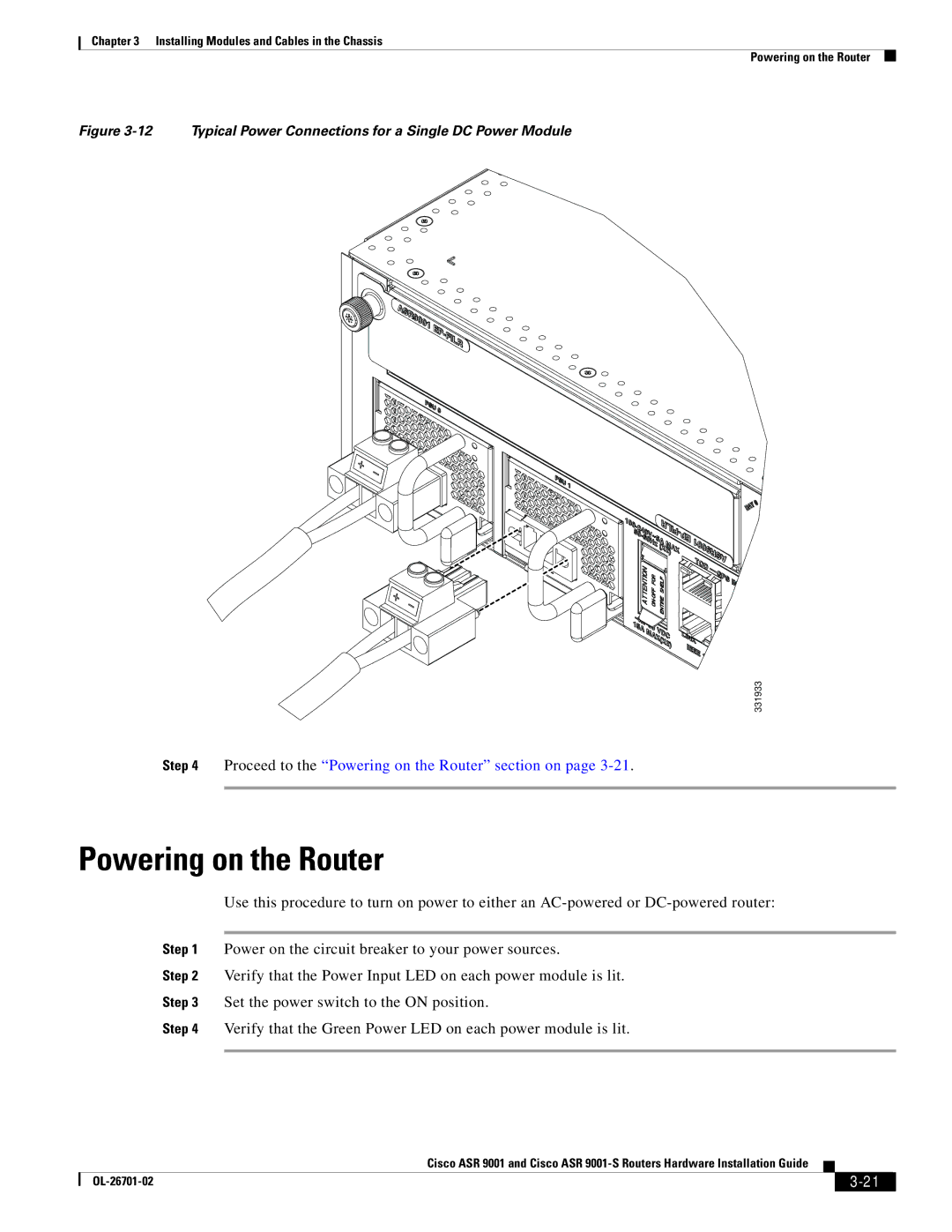 Cisco Systems ASR9001s, 9001S manual Powering on the Router, Typical Power Connections for a Single DC Power Module 