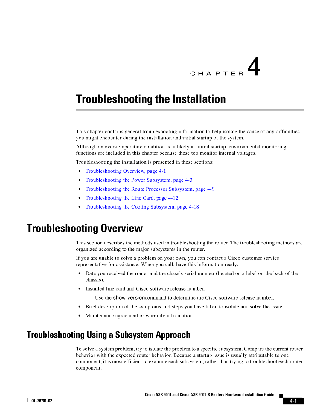 Cisco Systems ASR9001s, 9001S manual Troubleshooting Overview, Troubleshooting Using a Subsystem Approach 