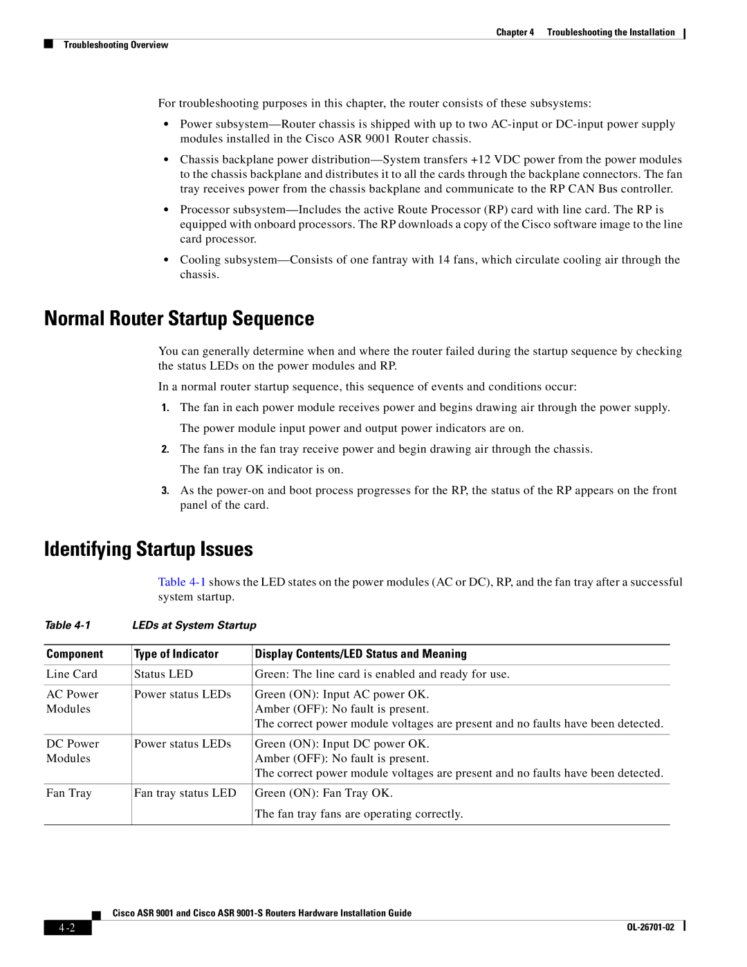 Cisco Systems 9001S, ASR9001s manual Normal Router Startup Sequence, Identifying Startup Issues 