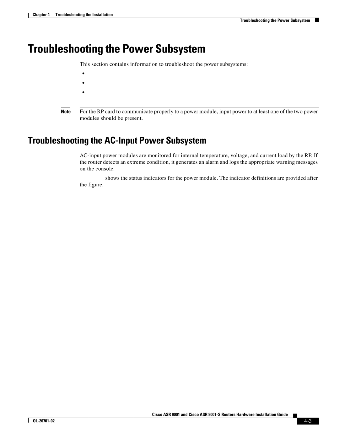 Cisco Systems ASR9001s, 9001S manual Troubleshooting the Power Subsystem, Troubleshooting the AC-Input Power Subsystem 