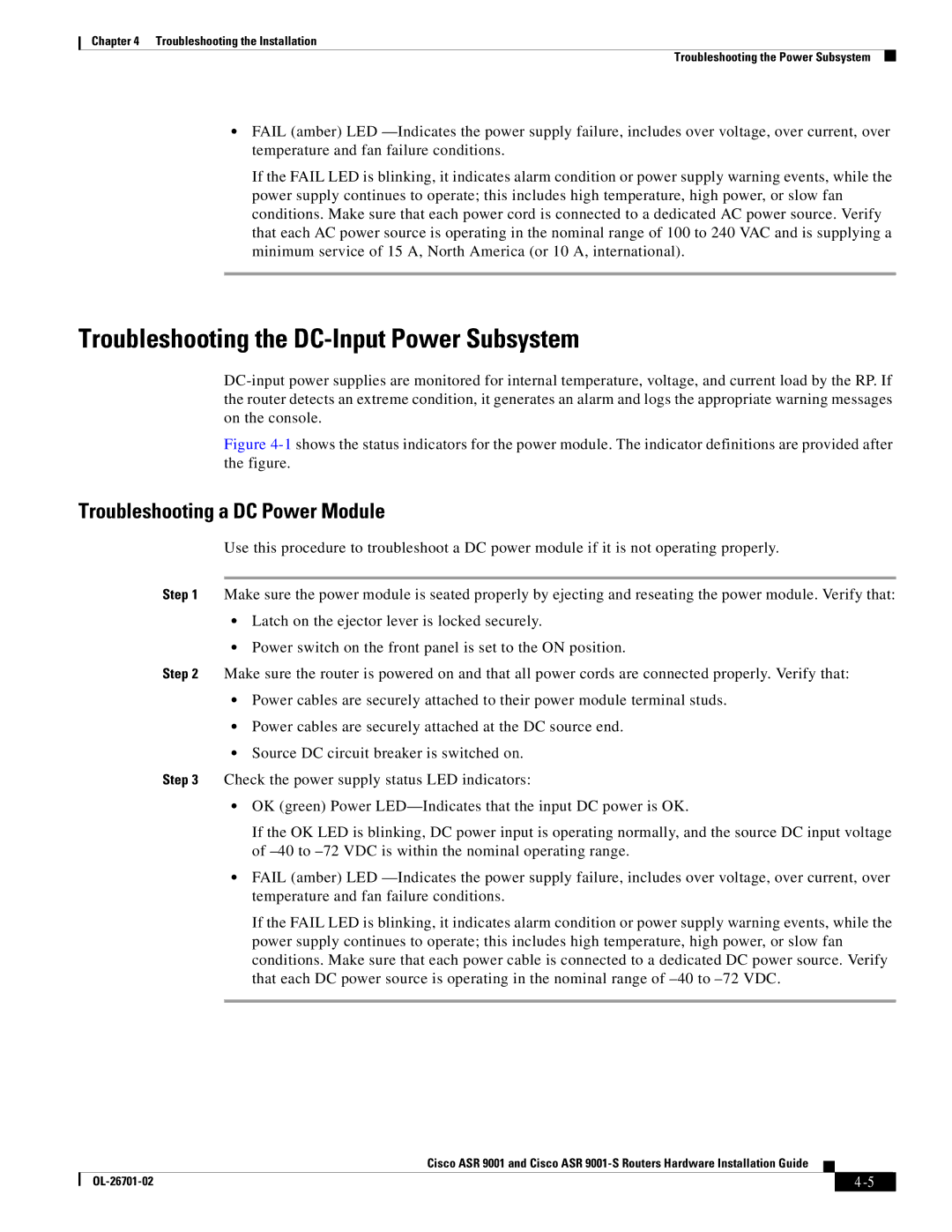 Cisco Systems ASR9001s, 9001S manual Troubleshooting the DC-Input Power Subsystem, Troubleshooting a DC Power Module 