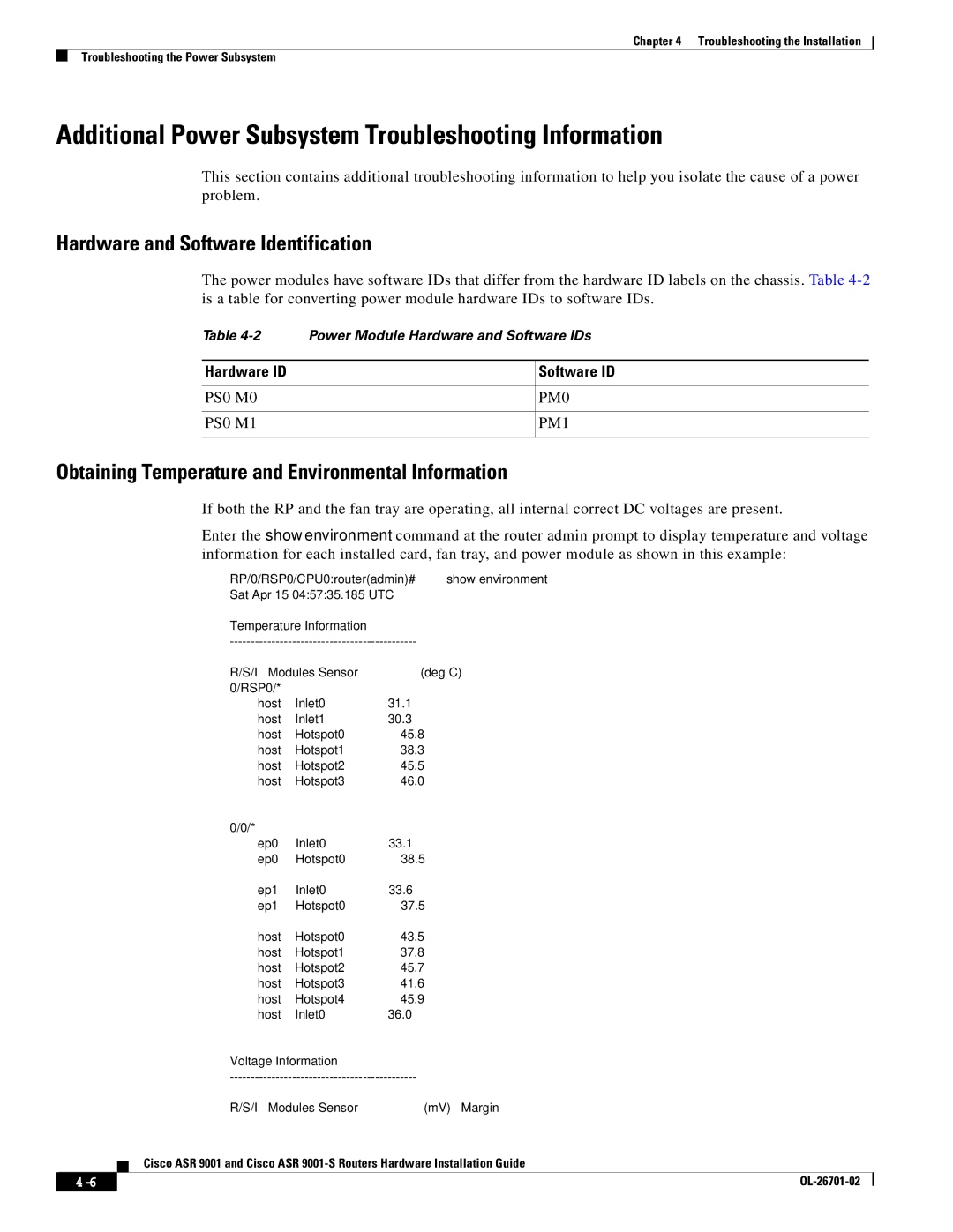 Cisco Systems 9001S, ASR9001 Additional Power Subsystem Troubleshooting Information, Hardware and Software Identification 