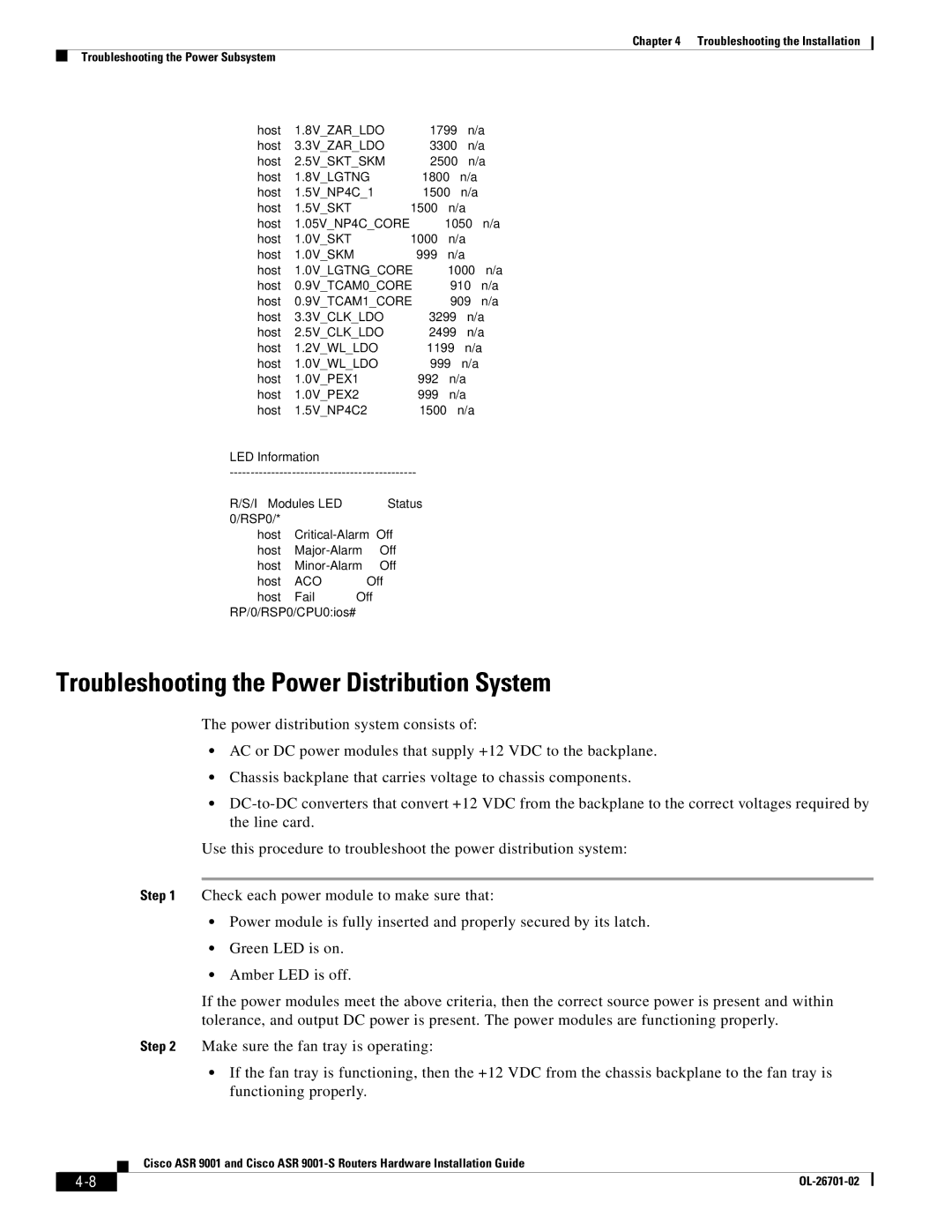 Cisco Systems ASR9001s, 9001S manual Troubleshooting the Power Distribution System, 8VLGTNG 