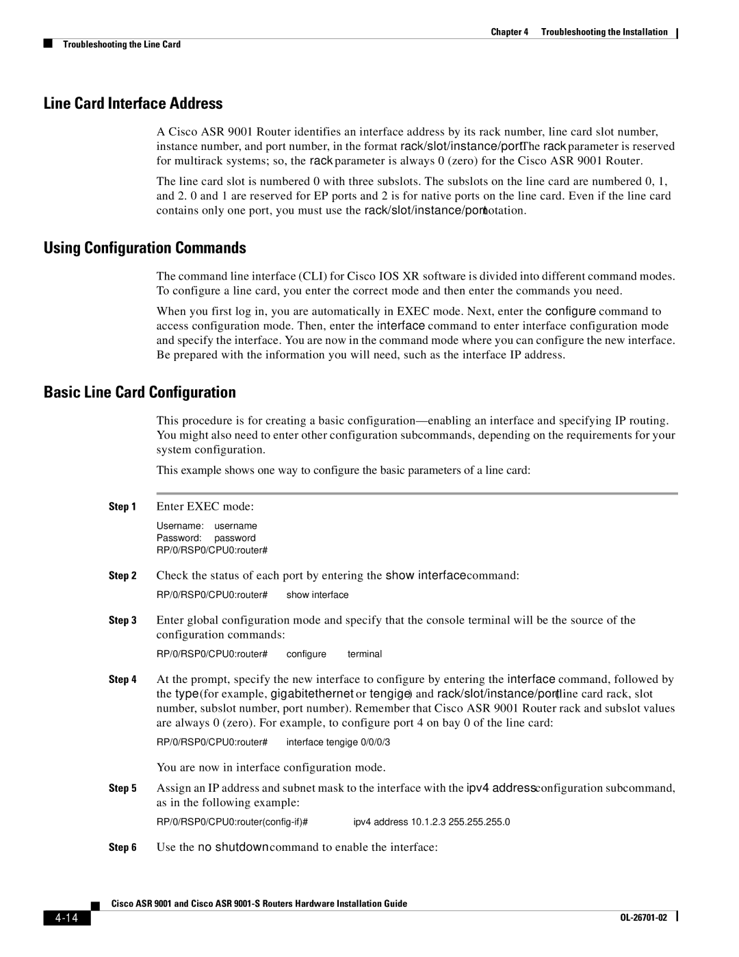 Cisco Systems 9001S, ASR9001 manual Line Card Interface Address, Using Configuration Commands, Basic Line Card Configuration 