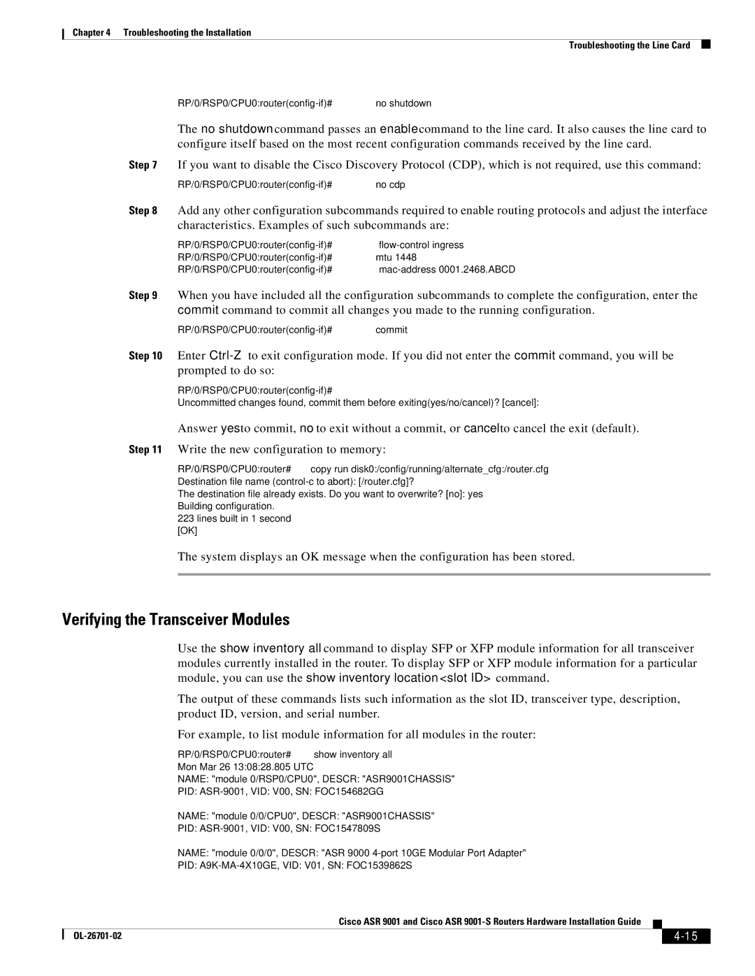 Cisco Systems ASR9001s, 9001S manual Verifying the Transceiver Modules 