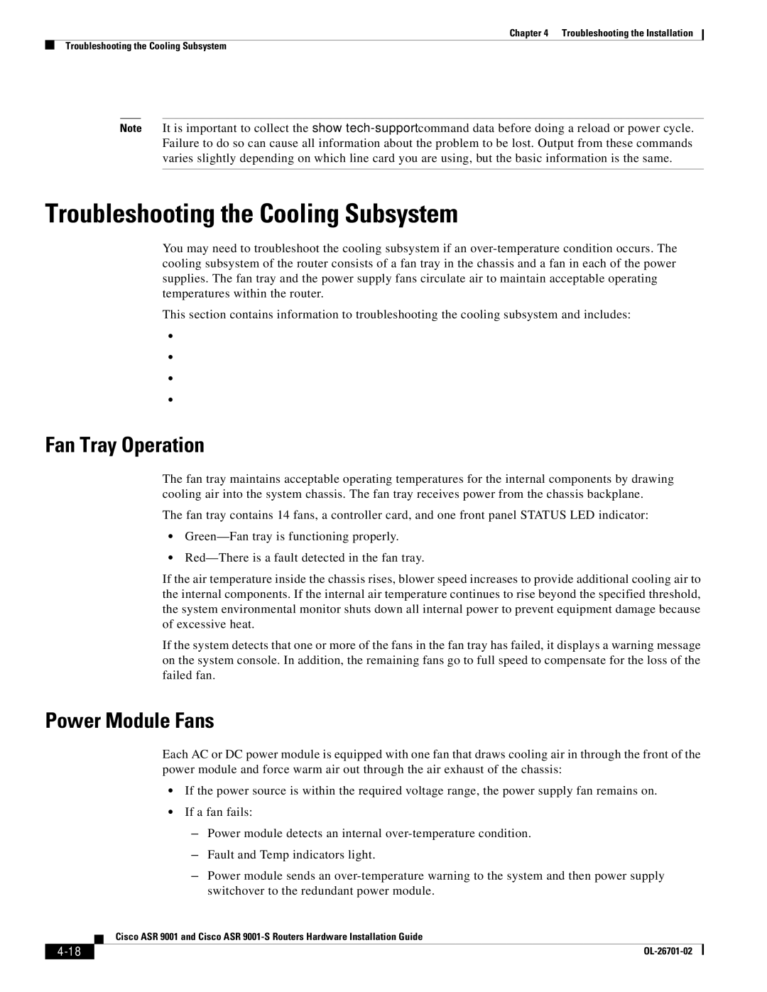 Cisco Systems 9001S, ASR9001s manual Troubleshooting the Cooling Subsystem, Fan Tray Operation, Power Module Fans 