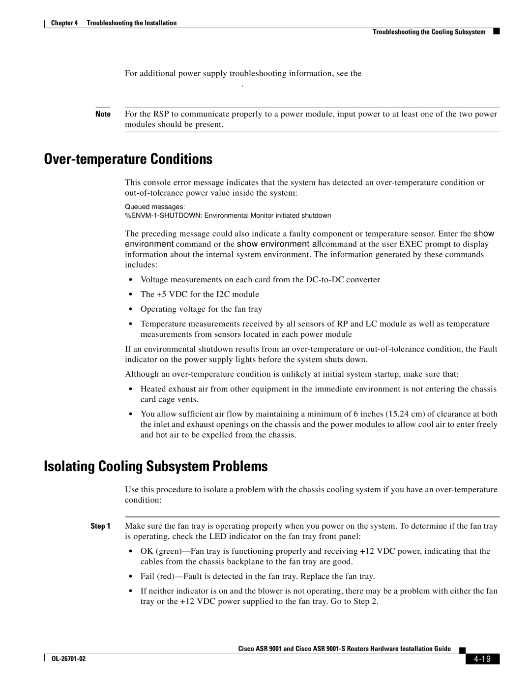Cisco Systems ASR9001s, 9001S manual Over-temperature Conditions, Isolating Cooling Subsystem Problems 
