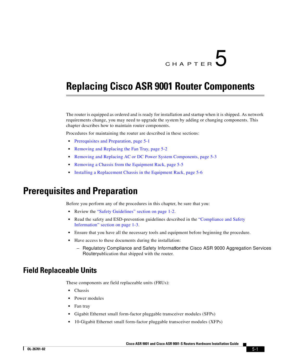 Cisco Systems ASR9001s, 9001S manual Prerequisites and Preparation, Field Replaceable Units 