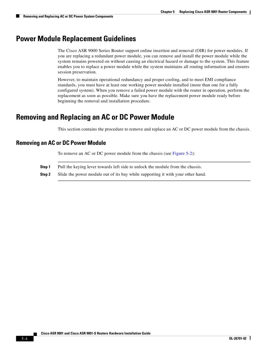 Cisco Systems ASR9001s, 9001S manual Power Module Replacement Guidelines, Removing and Replacing an AC or DC Power Module 