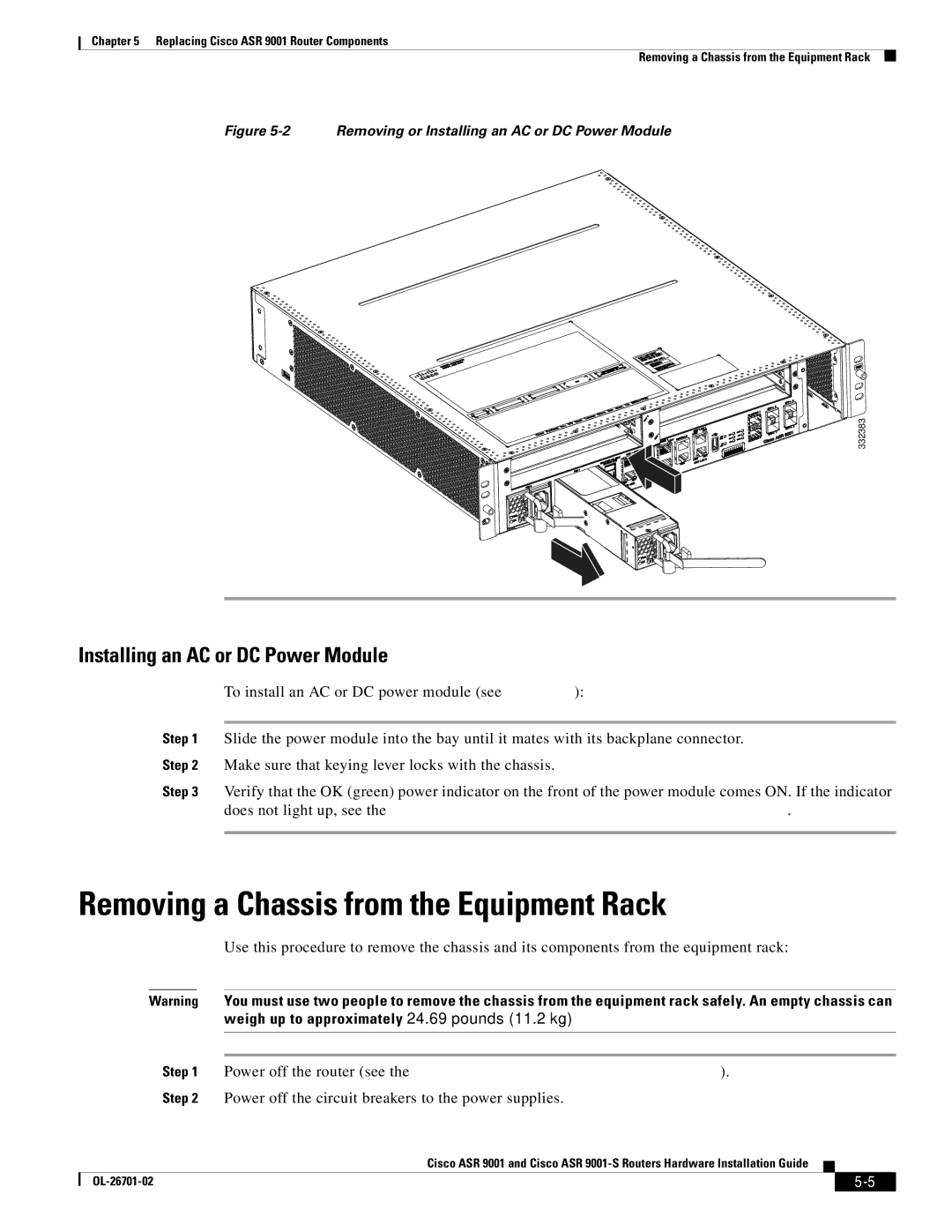 Cisco Systems ASR9001s, 9001S manual Removing a Chassis from the Equipment Rack, Installing an AC or DC Power Module 