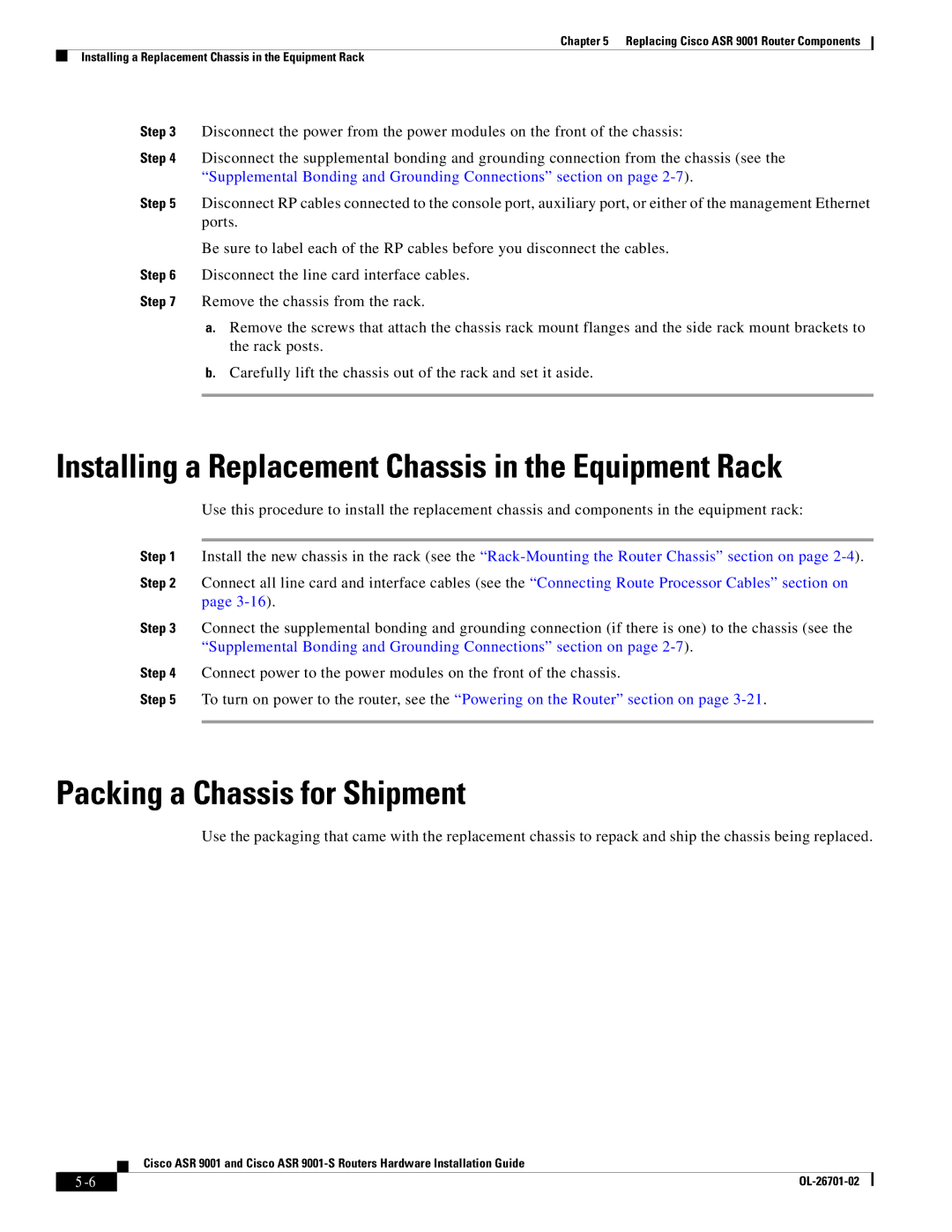 Cisco Systems 9001S, ASR9001 manual Installing a Replacement Chassis in the Equipment Rack, Packing a Chassis for Shipment 