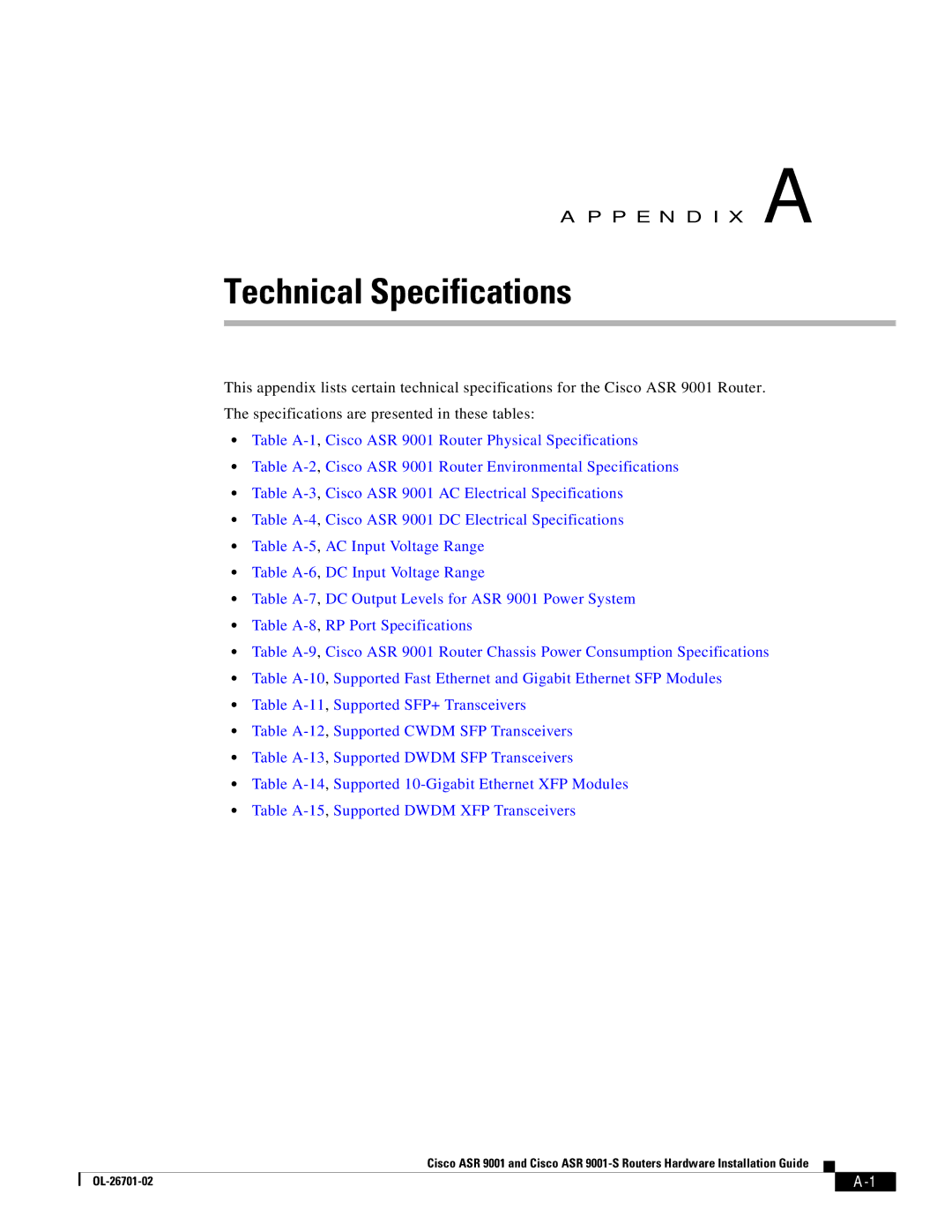 Cisco Systems ASR9001s, 9001S manual Technical Specifications 