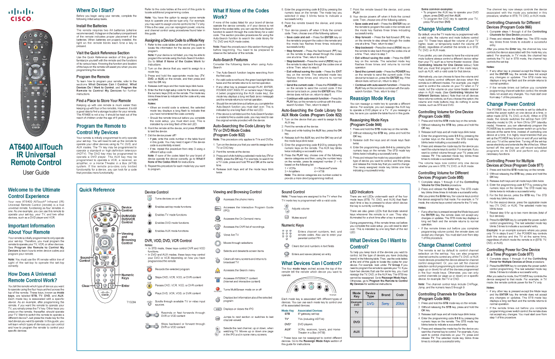 Cisco Systems AT6400 manual Where Do I Start?, What If None of the Codes Work?, Reassign Mode Keys, Change Volume Control 