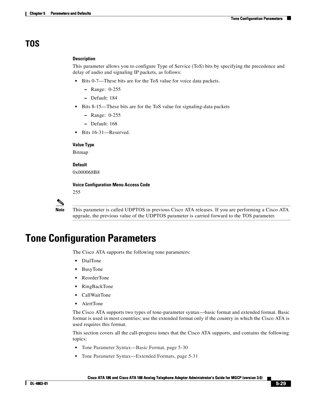 Cisco Systems ATA 188 Tone Configuration Parameters, Tone Parameter Syntax-Basic Format, page, 5-29, Description, Default 