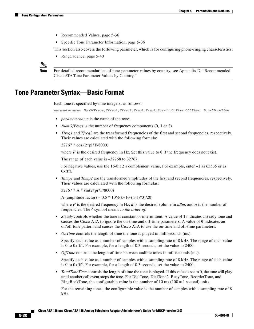 Cisco Systems ATA 186, ATA 188 manual Tone Parameter Syntax-Basic Format, 5-30, RingCadence, page 