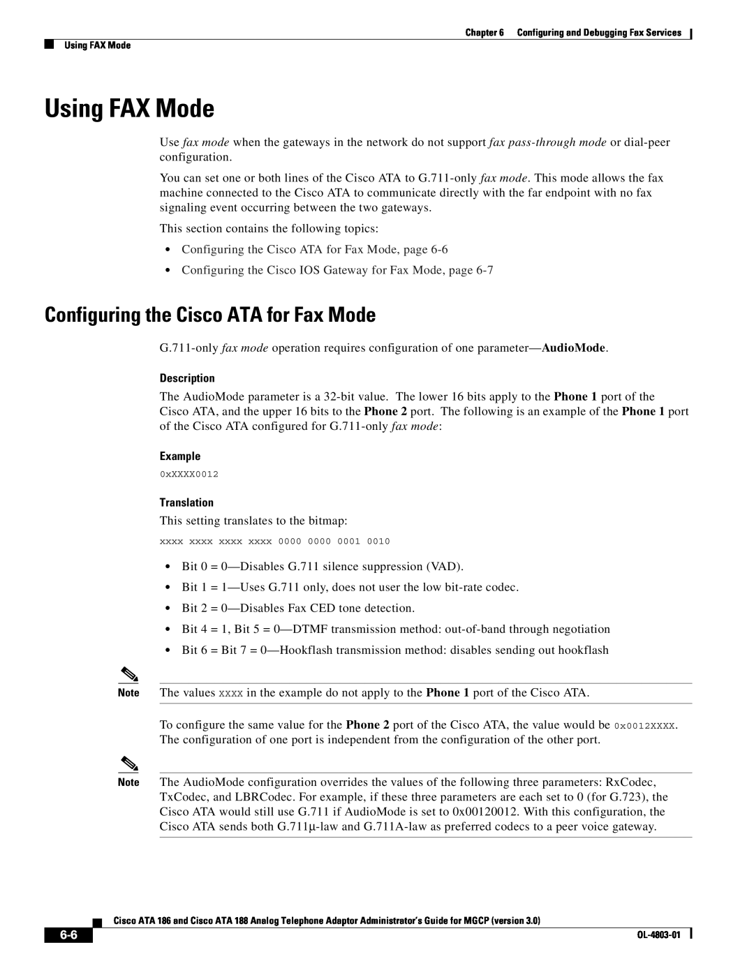 Cisco Systems ATA 186 Using FAX Mode, Configuring the Cisco ATA for Fax Mode, page, Description, Example, Translation 