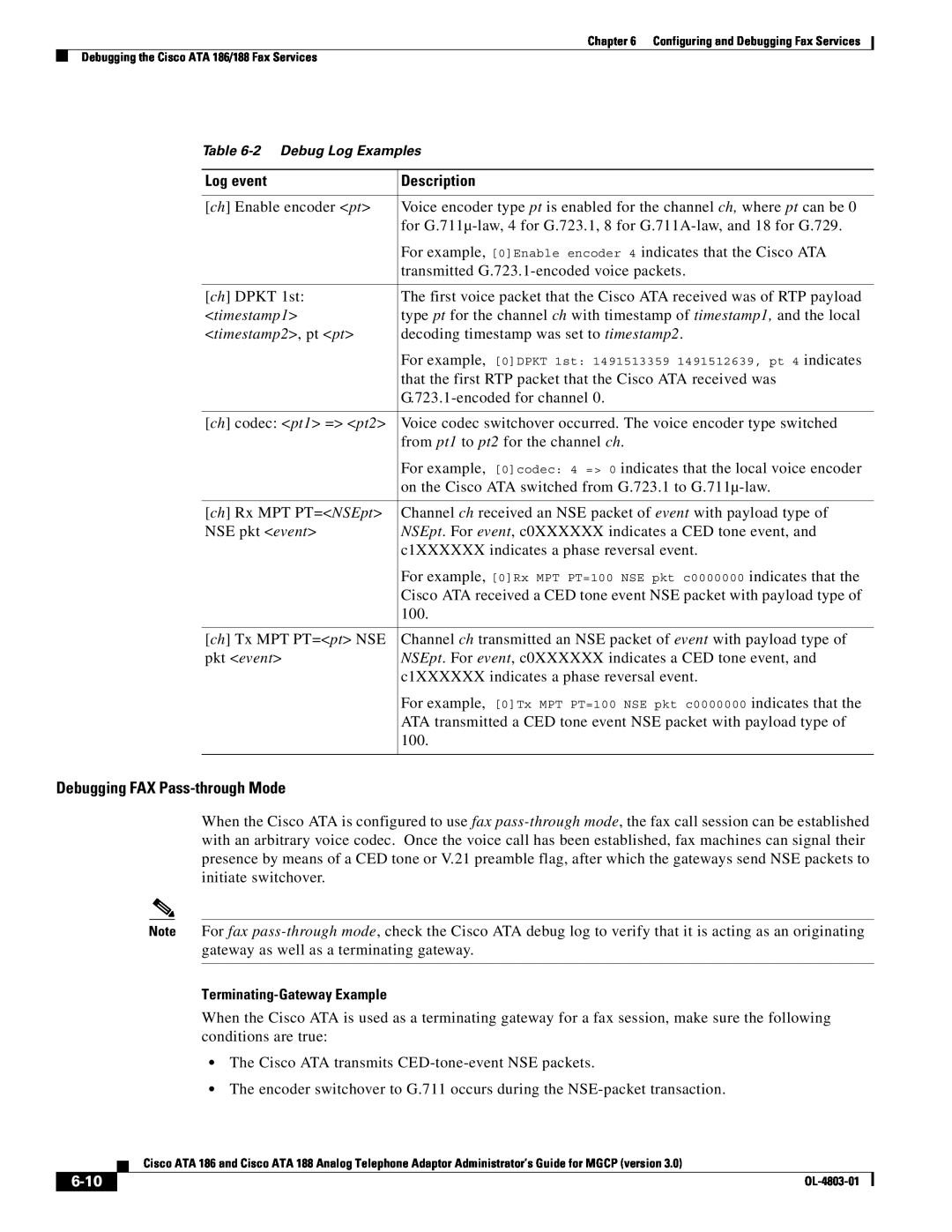 Cisco Systems ATA 186 manual Debugging FAX Pass-through Mode, Log event, timestamp1, timestamp2 , pt pt, 6-10, Description 
