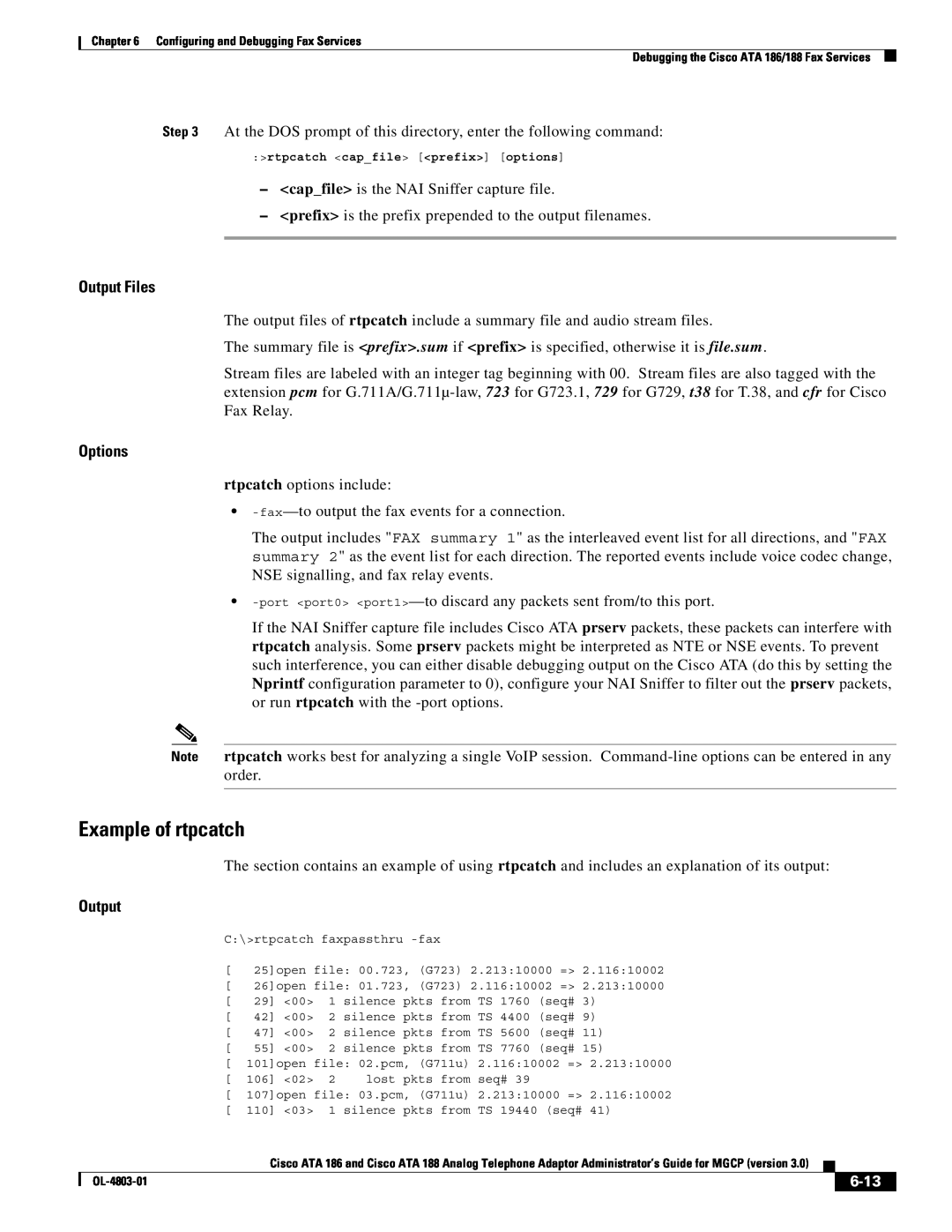 Cisco Systems ATA 188, ATA 186 manual Example of rtpcatch, Output Files, Options, 6-13 