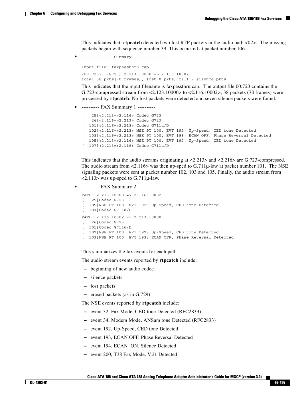 Cisco Systems ATA 188, ATA 186 manual 6-15, FAX Summary 