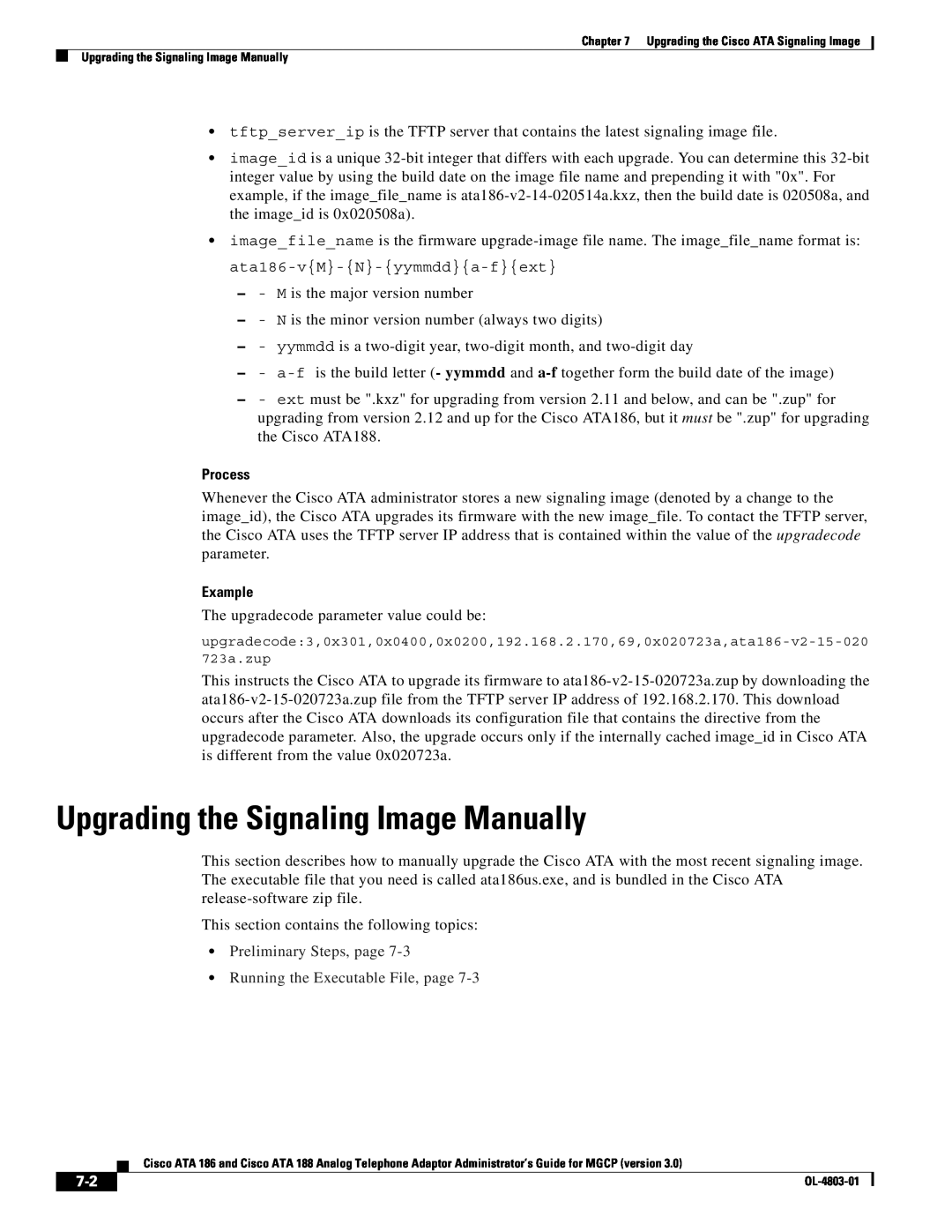 Cisco Systems ATA 186, ATA 188 manual Upgrading the Signaling Image Manually, Process, Example 