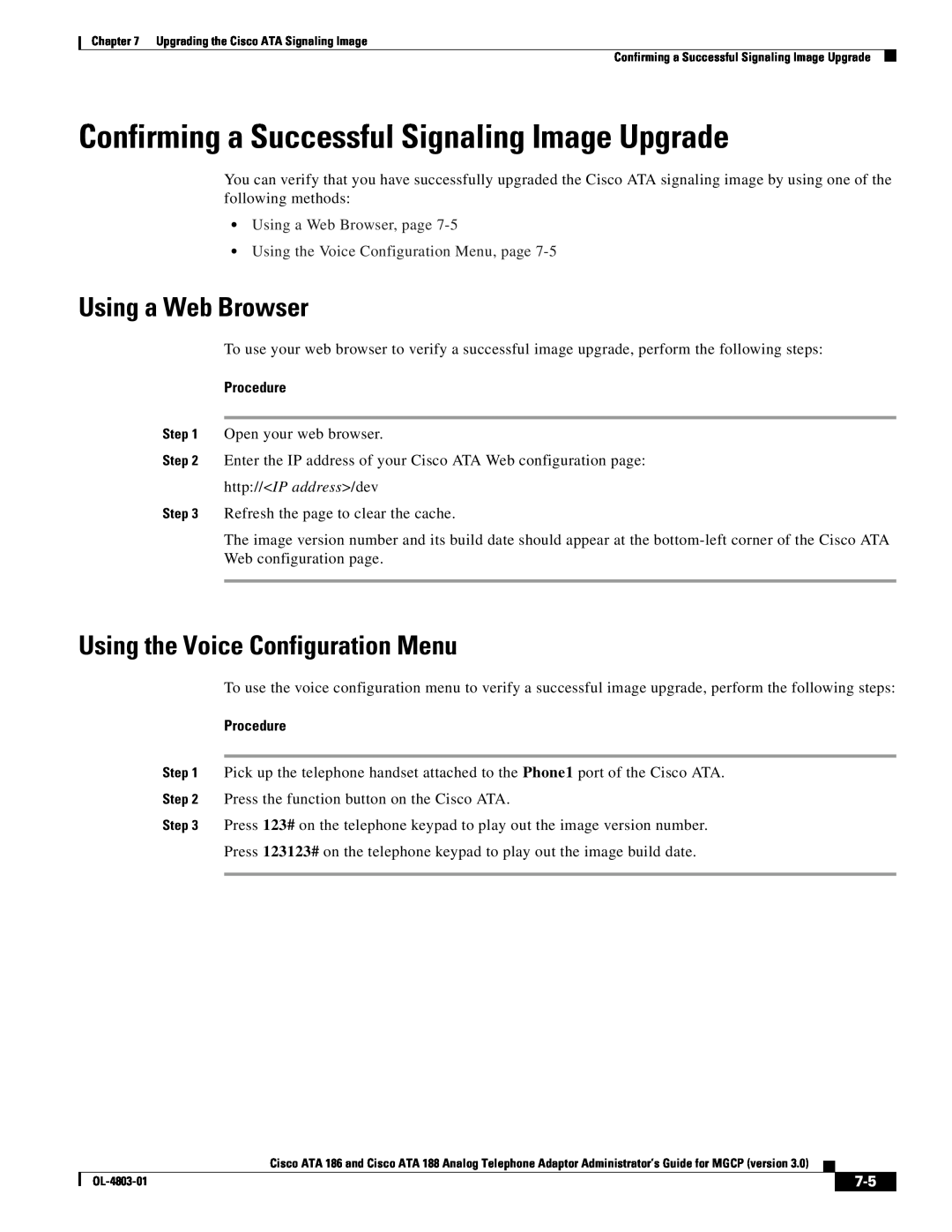 Cisco Systems ATA 188, ATA 186 manual Confirming a Successful Signaling Image Upgrade, Using a Web Browser, Procedure 
