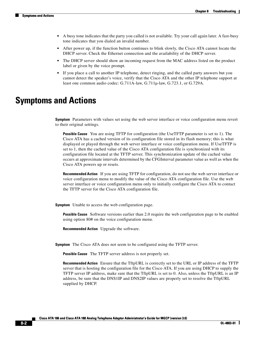 Cisco Systems ATA 186, ATA 188 manual Symptoms and Actions 