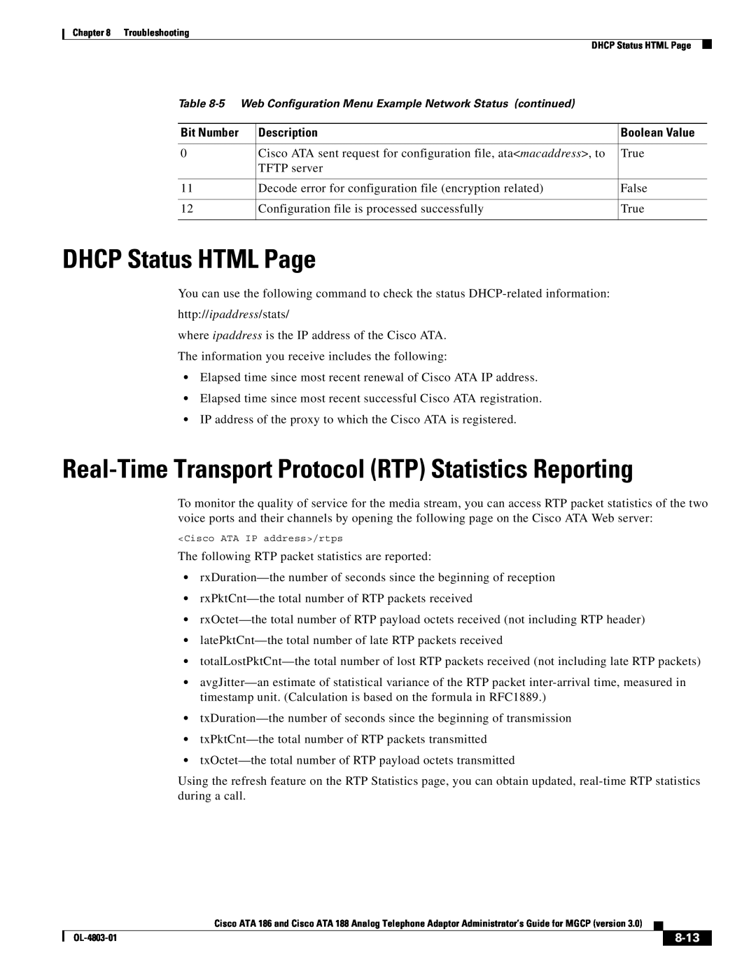Cisco Systems ATA 188 DHCP Status HTML Page, Real-Time Transport Protocol RTP Statistics Reporting, 8-13, Description 