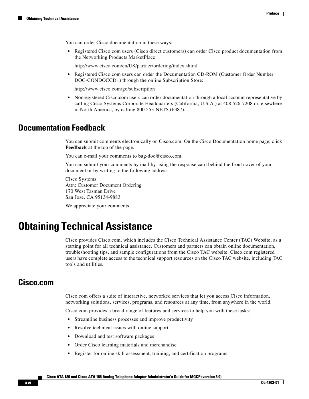 Cisco Systems ATA 186, ATA 188 manual Obtaining Technical Assistance, Documentation Feedback, Cisco.com 