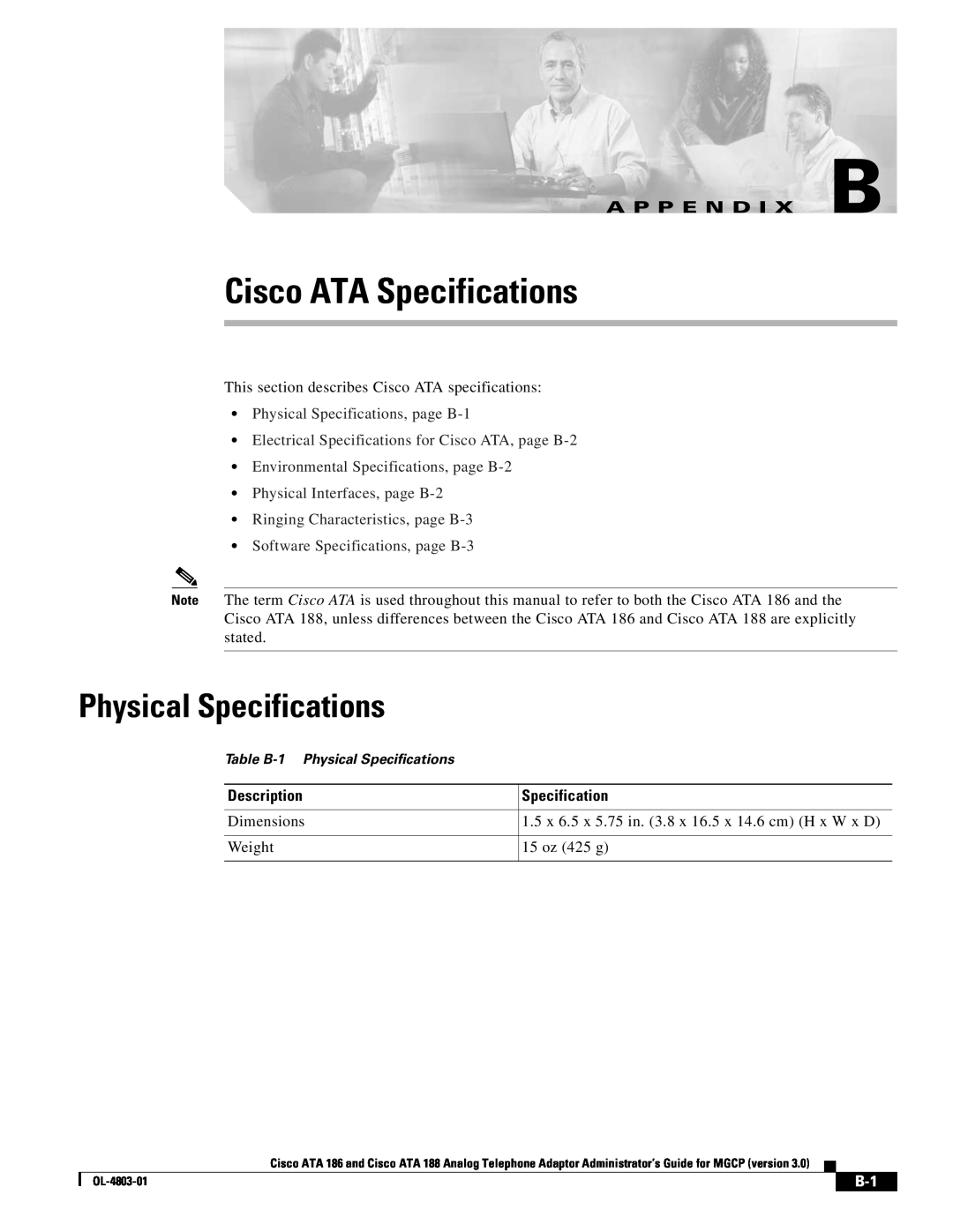 Cisco Systems ATA 188, ATA 186 manual Cisco ATA Specifications, Physical Specifications, A P P E N D I X B, Description 