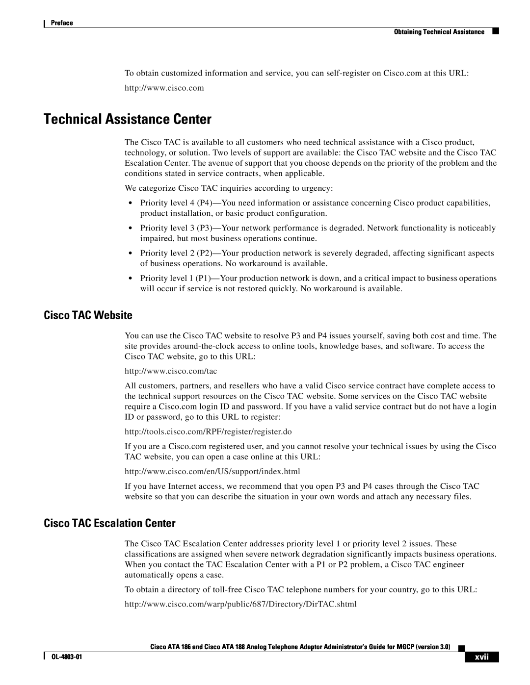 Cisco Systems ATA 188, ATA 186 manual Technical Assistance Center, Cisco TAC Website, Cisco TAC Escalation Center, xvii 