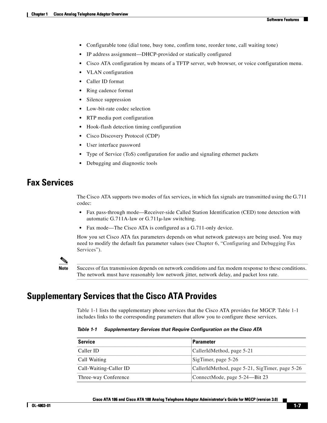 Cisco Systems ATA 188 Fax Services, Supplementary Services that the Cisco ATA Provides, Parameter, CallerIdMethod, page 