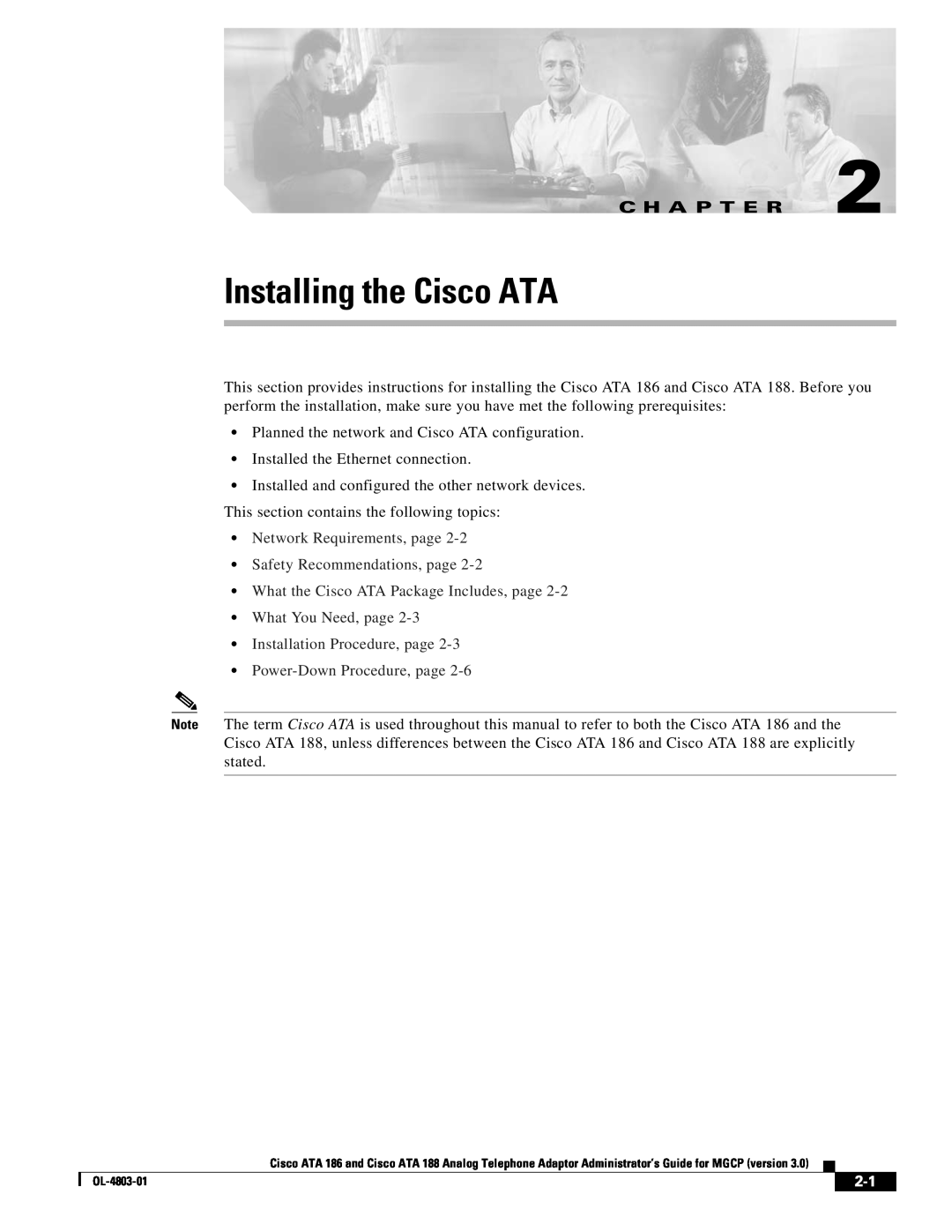 Cisco Systems ATA 188 Installing the Cisco ATA, Network Requirements, page Safety Recommendations, page, C H A P T E R 