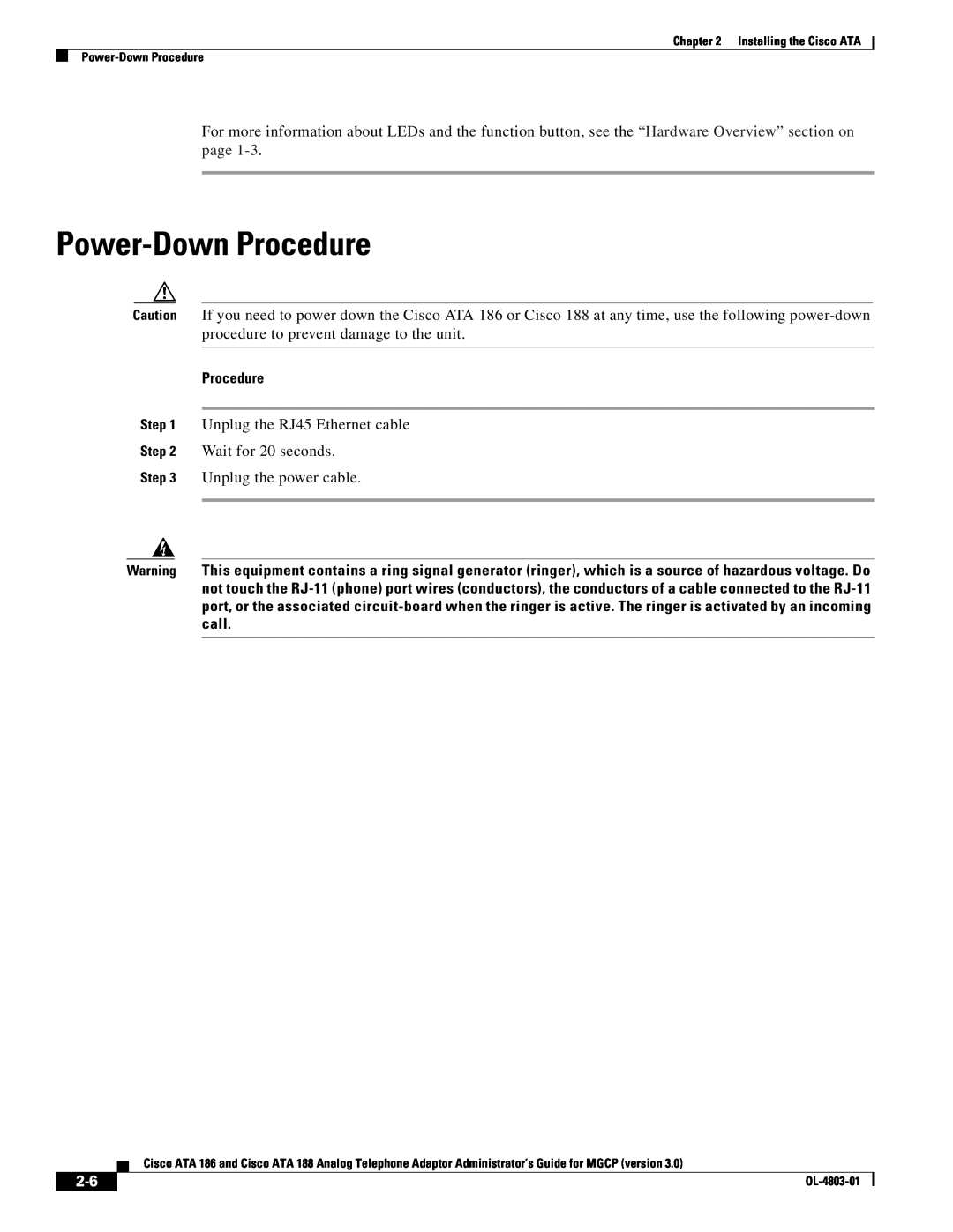 Cisco Systems ATA 186, ATA 188 manual Power-Down Procedure 