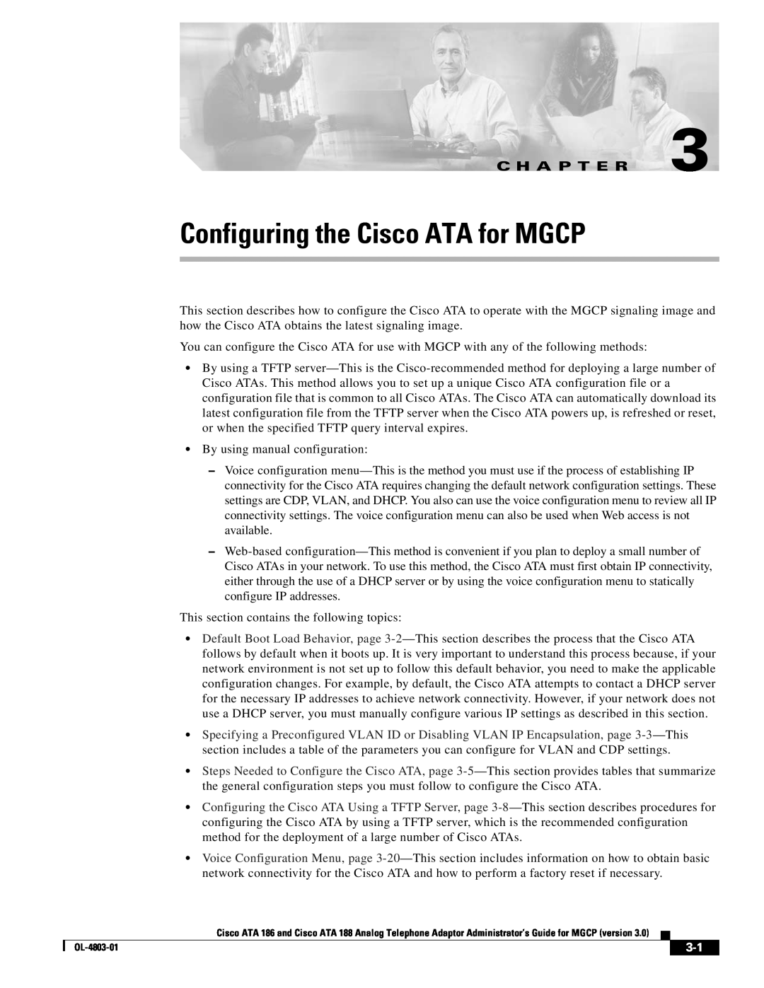 Cisco Systems ATA 188, ATA 186 manual Configuring the Cisco ATA for MGCP, C H A P T E R 