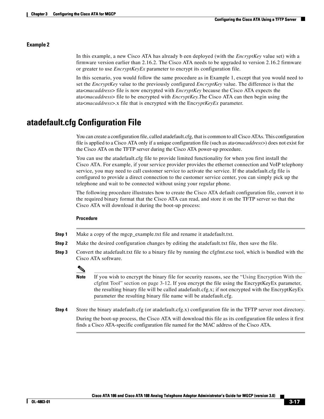 Cisco Systems ATA 188, ATA 186 manual atadefault.cfg Configuration File, 3-17, Example, Procedure 